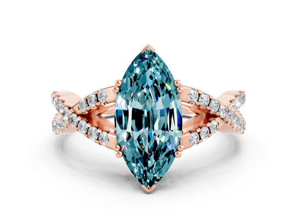 Rose gold Marquise Cut Blue Topaz Solitaire Ring with Four-Prong Setting and Twisted Pavé Band