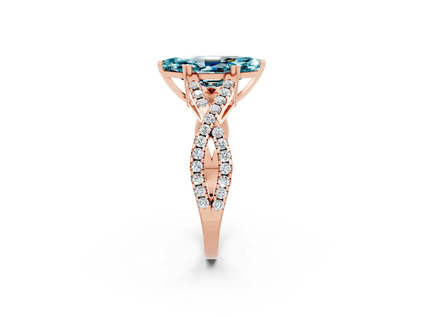 Rose gold Marquise Cut Blue Topaz Solitaire Ring with Four-Prong Setting and Twisted Pavé Band