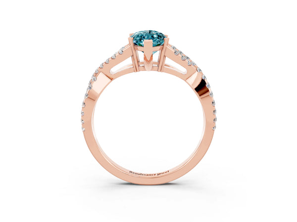 Rose gold Marquise Cut Blue Topaz Solitaire Ring with Four-Prong Setting and Twisted Pavé Band