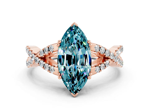 Rose gold Marquise Cut Blue Topaz Solitaire Ring with Four-Prong Setting and Twisted Pavé Band