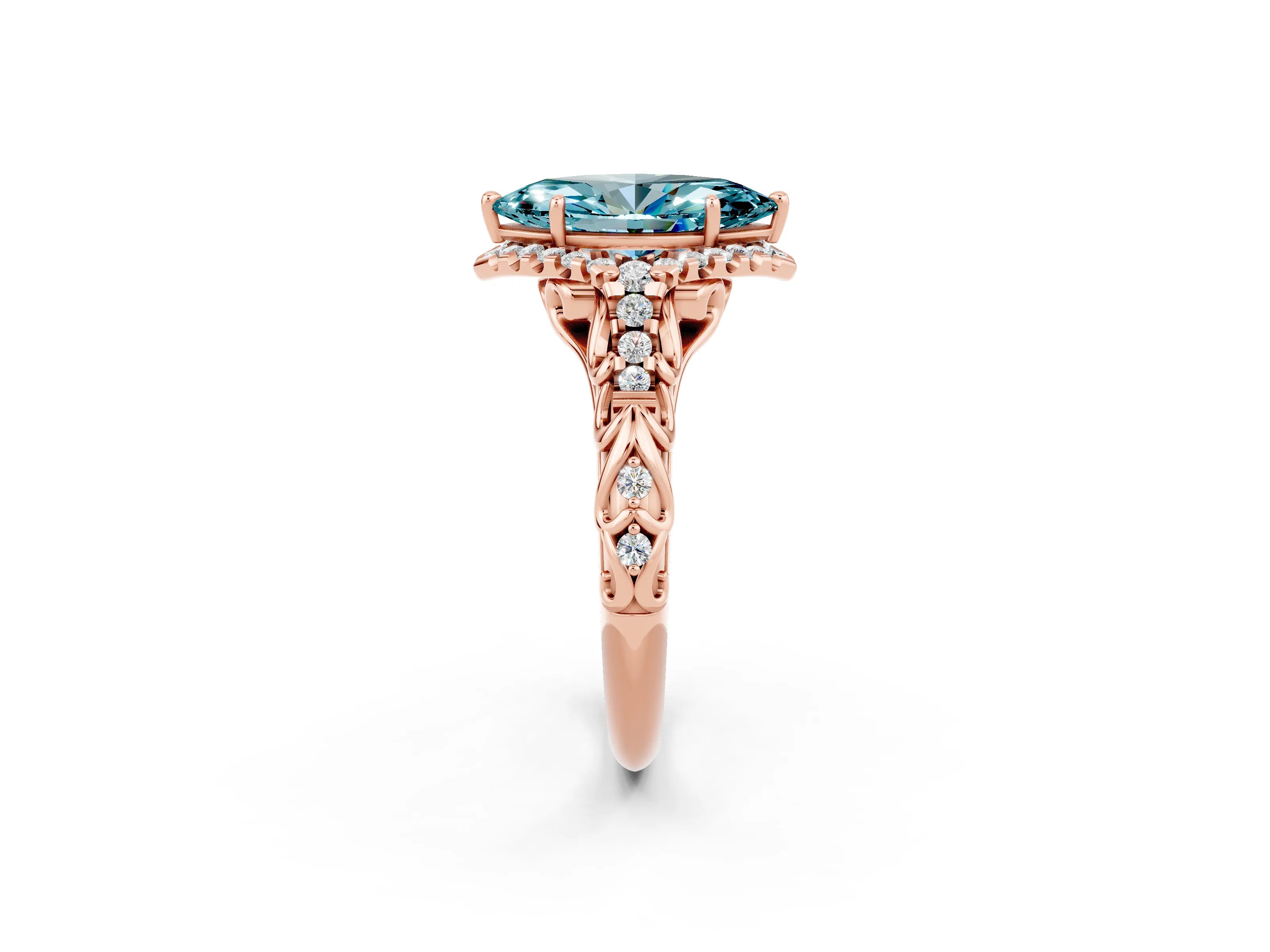 Rose gold Marquise Cut Blue Topaz Solitaire Ring with Hidden Halo and Pavé Band_14