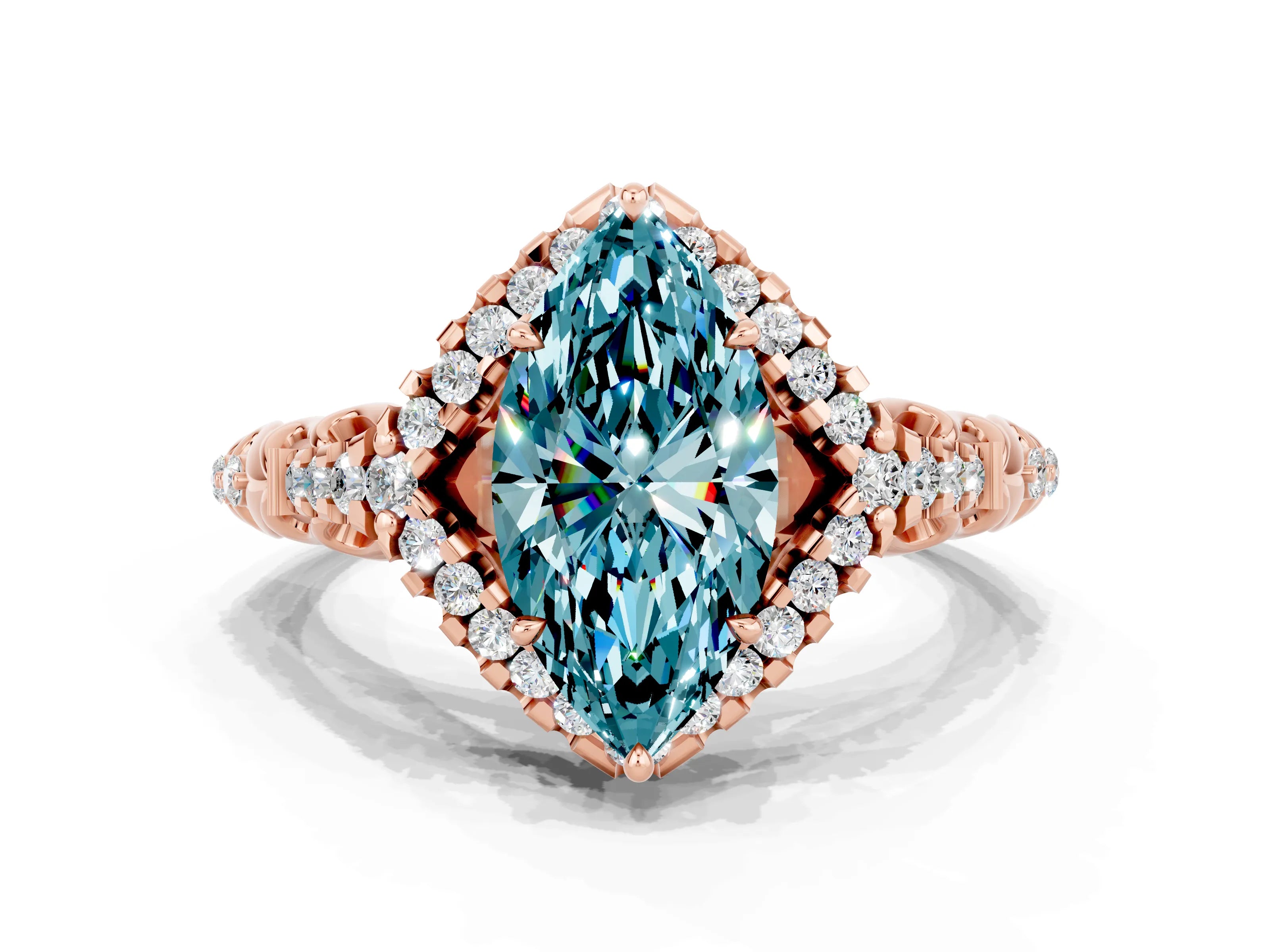 Rose gold Marquise Cut Blue Topaz Solitaire Ring with Hidden Halo and Pavé Band_19
