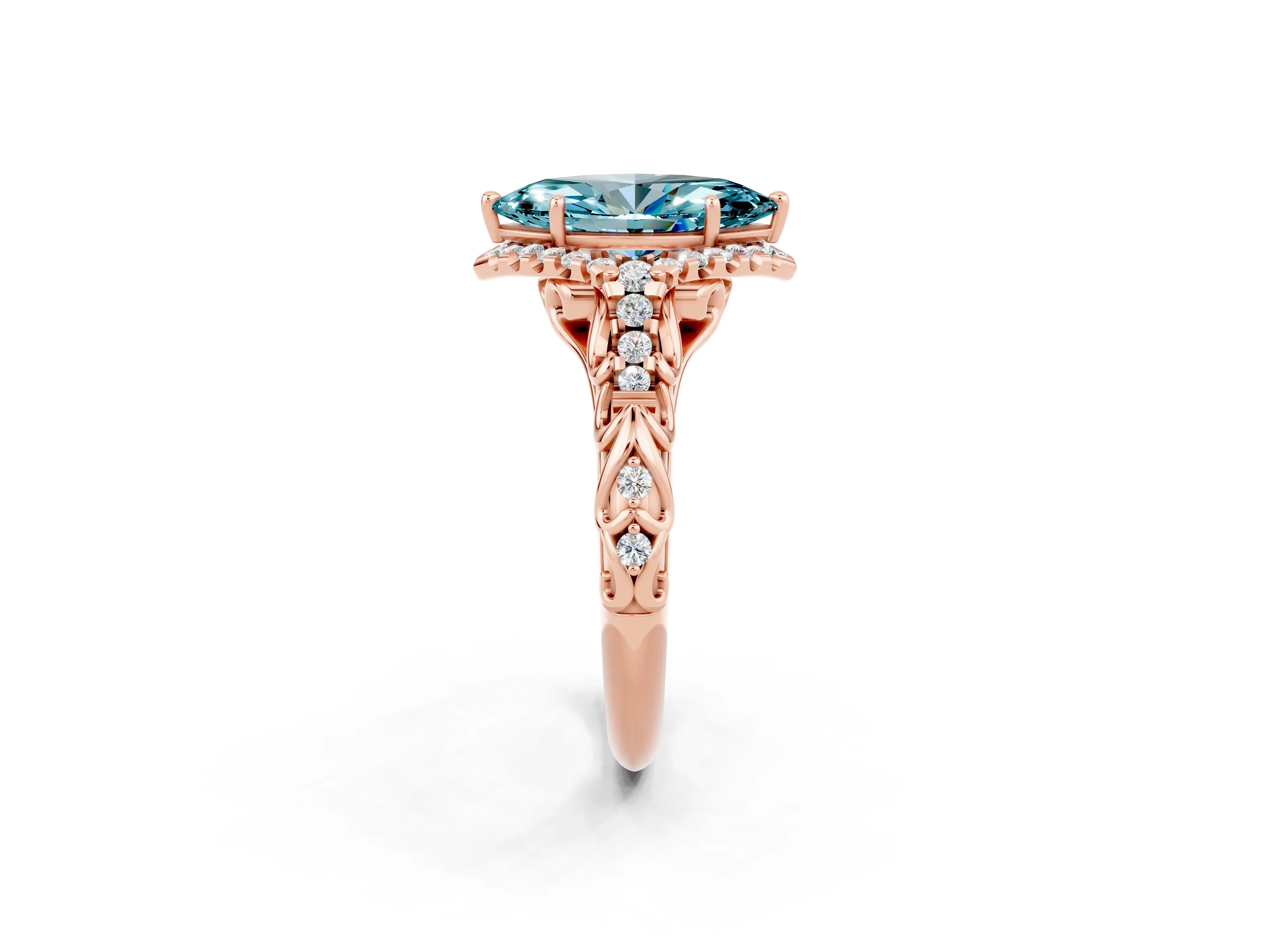 Rose gold Marquise Cut Blue Topaz Solitaire Ring with Hidden Halo and Pavé Band_21