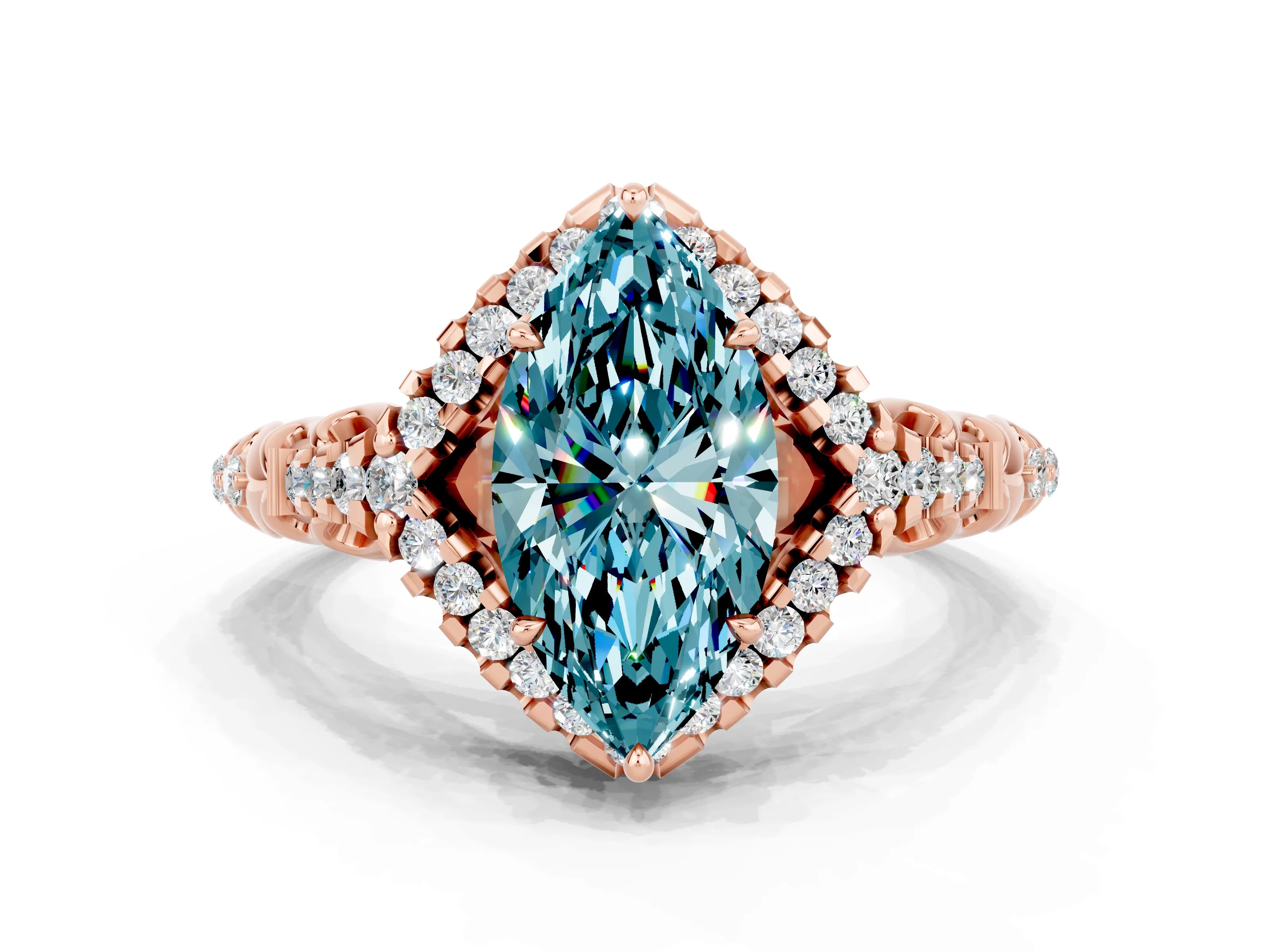 Rose gold Marquise Cut Blue Topaz Solitaire Ring with Hidden Halo and Pavé Band_33