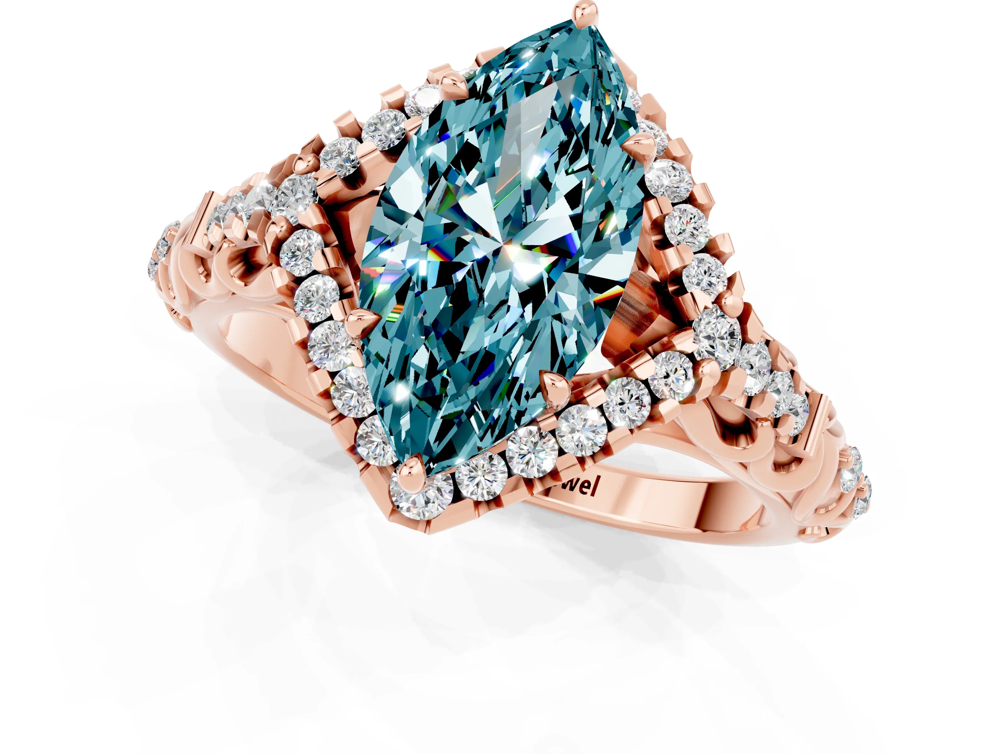 Rose gold Marquise Cut Blue Topaz Solitaire Ring with Hidden Halo and Pavé Band_34