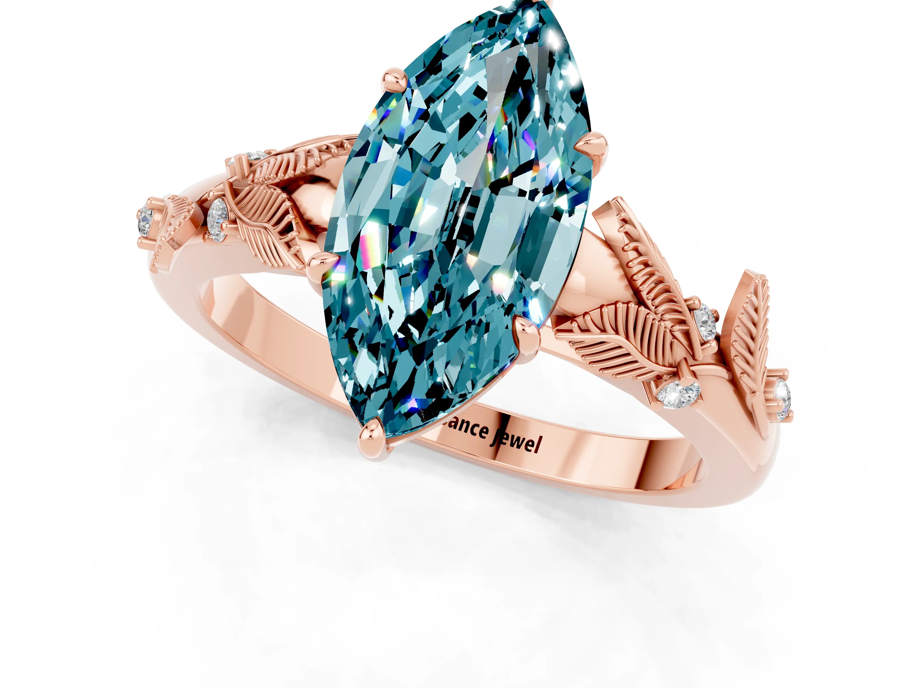 Rose gold Marquise Cut Blue Topaz Solitaire Ring with Leaf Motif Band and Four-Prong Setting_1