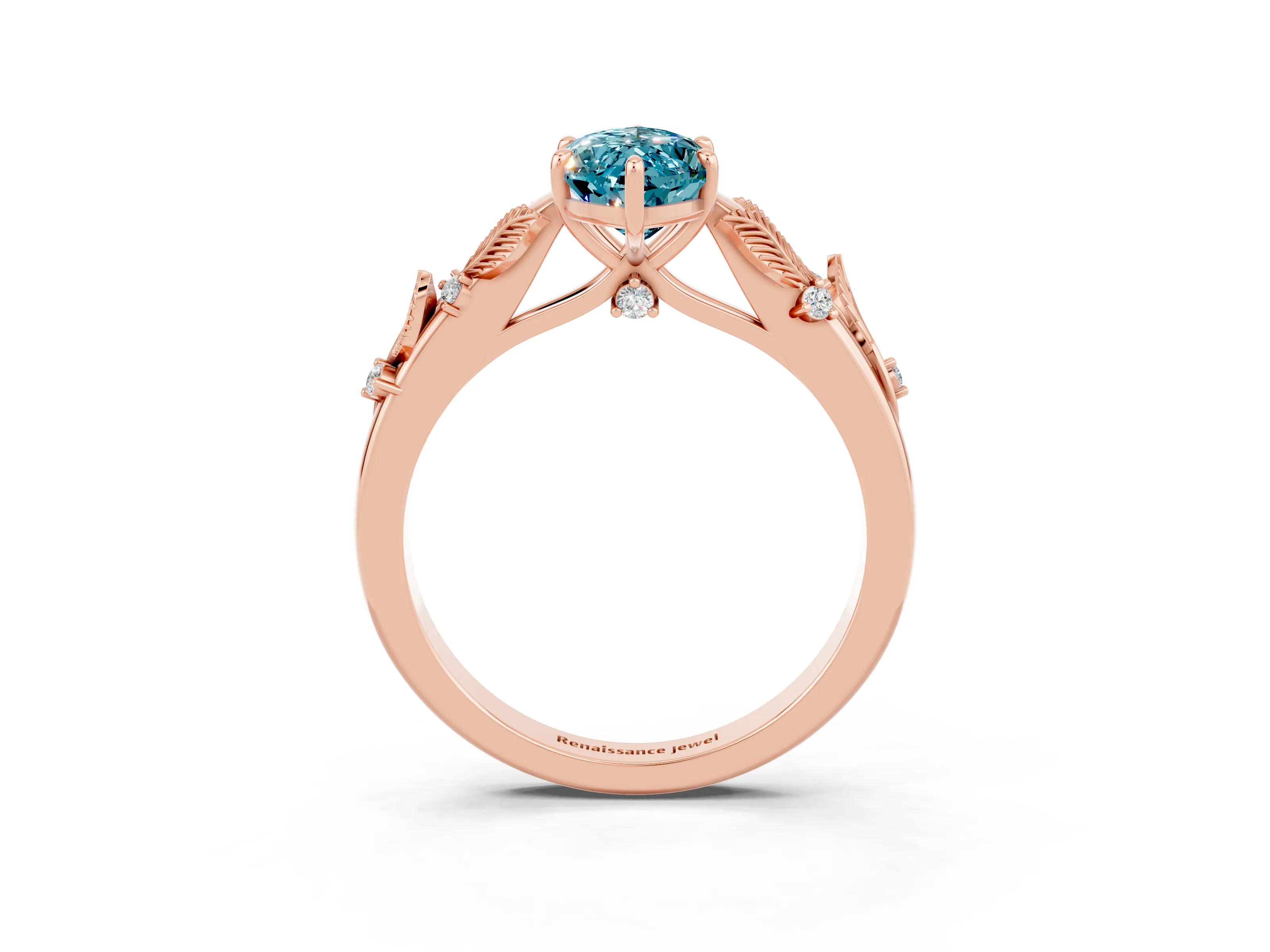 Rose gold Marquise Cut Blue Topaz Solitaire Ring with Leaf Motif Band and Four-Prong Setting_3