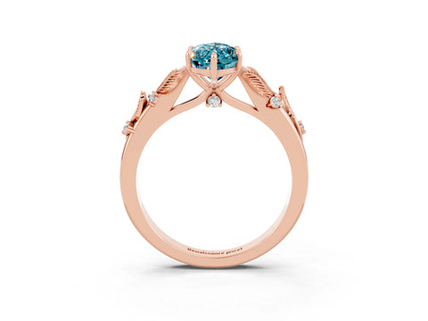 Rose gold Marquise Cut Blue Topaz Solitaire Ring with Leaf Motif Band and Four-Prong Setting_3