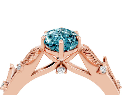 Rose gold Marquise Cut Blue Topaz Solitaire Ring with Leaf Motif Band and Four-Prong Setting_4
