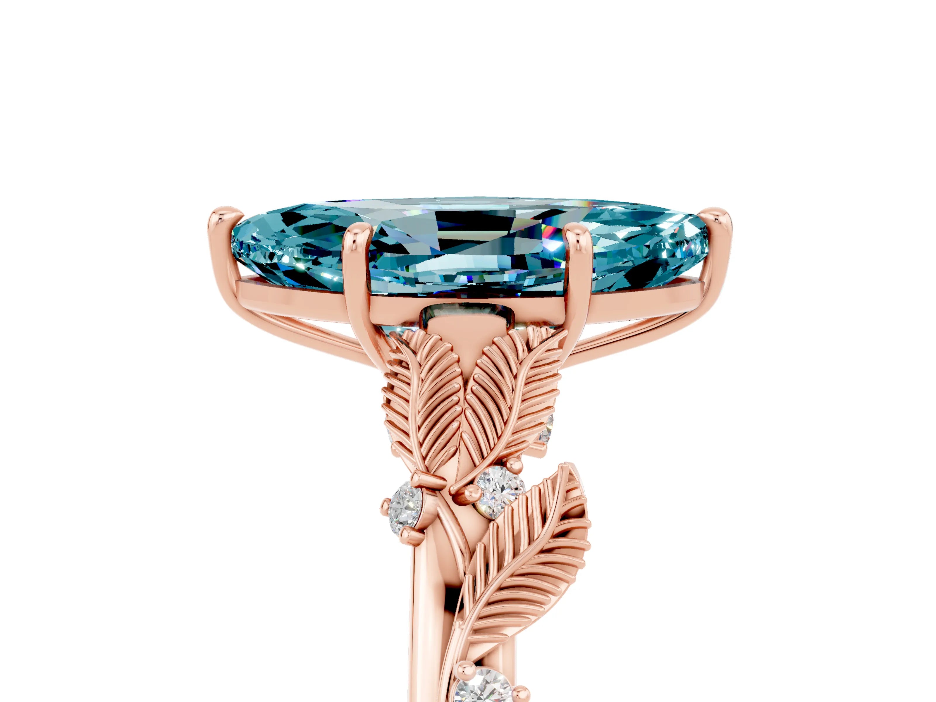 Rose gold Marquise Cut Blue Topaz Solitaire Ring with Leaf Motif Band and Four-Prong Setting_5