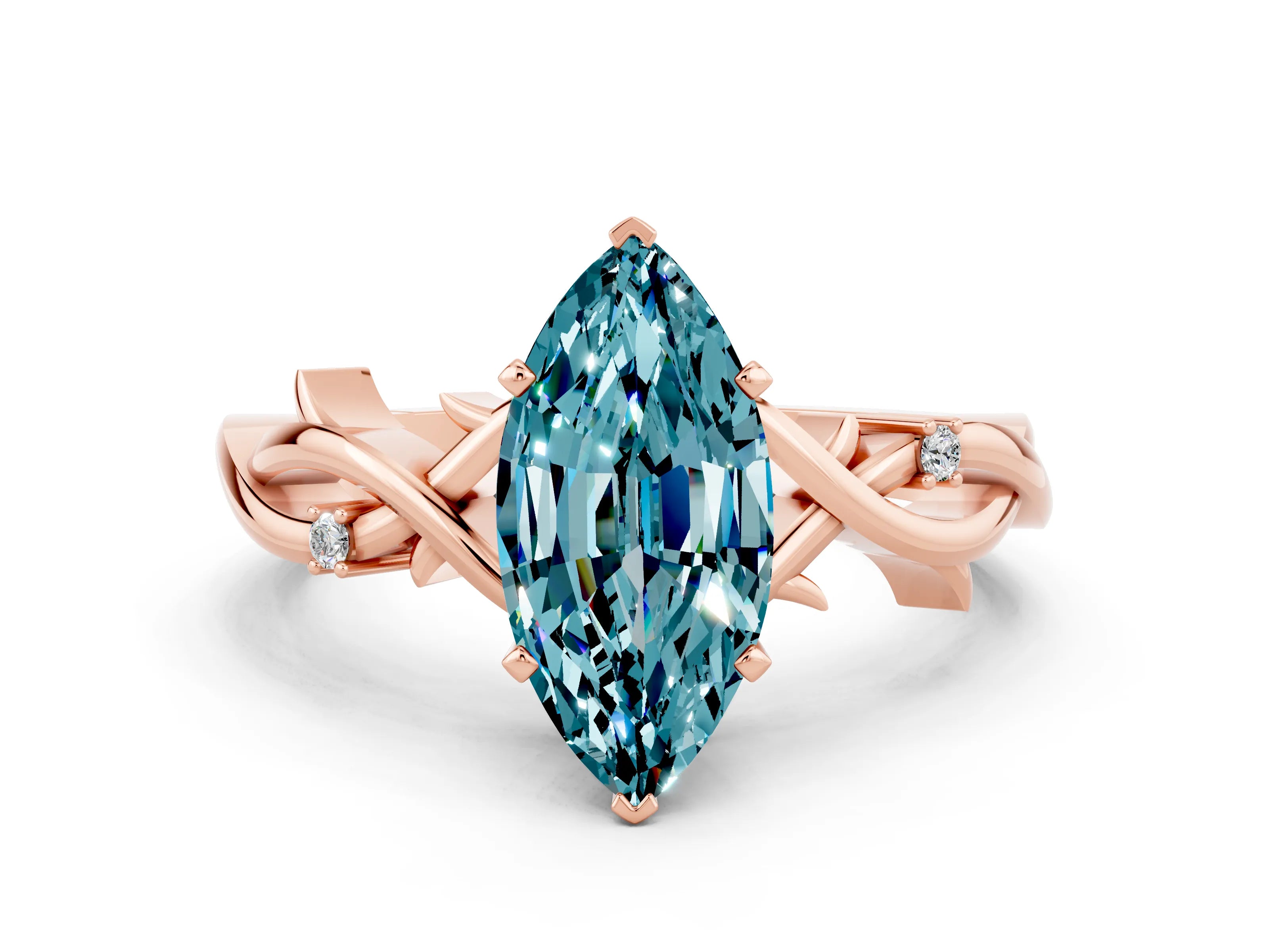 Rose gold Marquise Cut Blue Topaz Solitaire Ring with Milgrain Pavé Band and Four-Prong Setting_12
