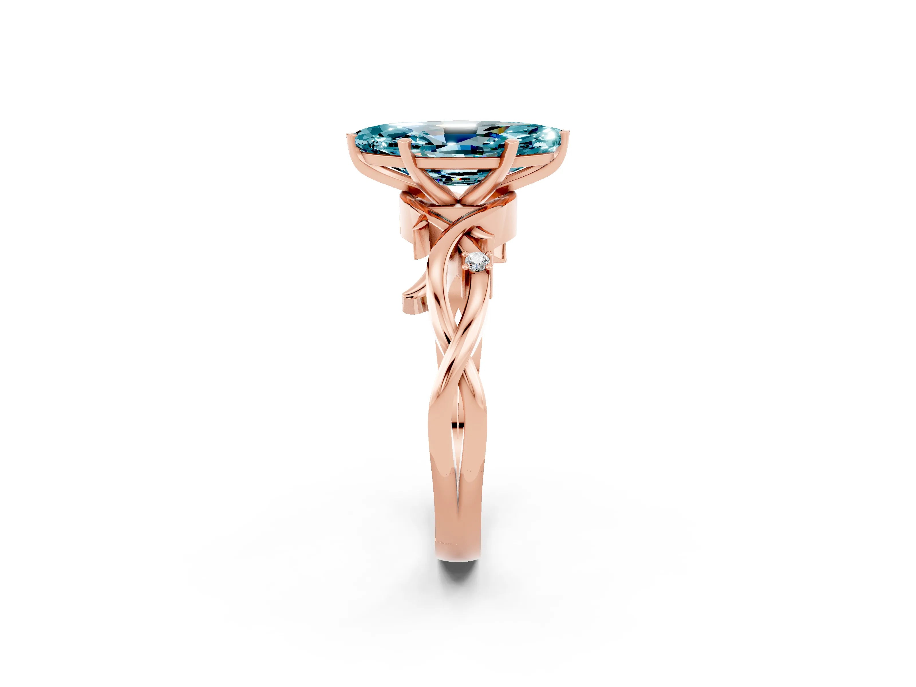 Rose gold Marquise Cut Blue Topaz Solitaire Ring with Milgrain Pavé Band and Four-Prong Setting_14