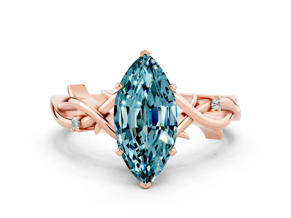 Rose gold Marquise Cut Blue Topaz Solitaire Ring with Milgrain Pavé Band and Four-Prong Setting