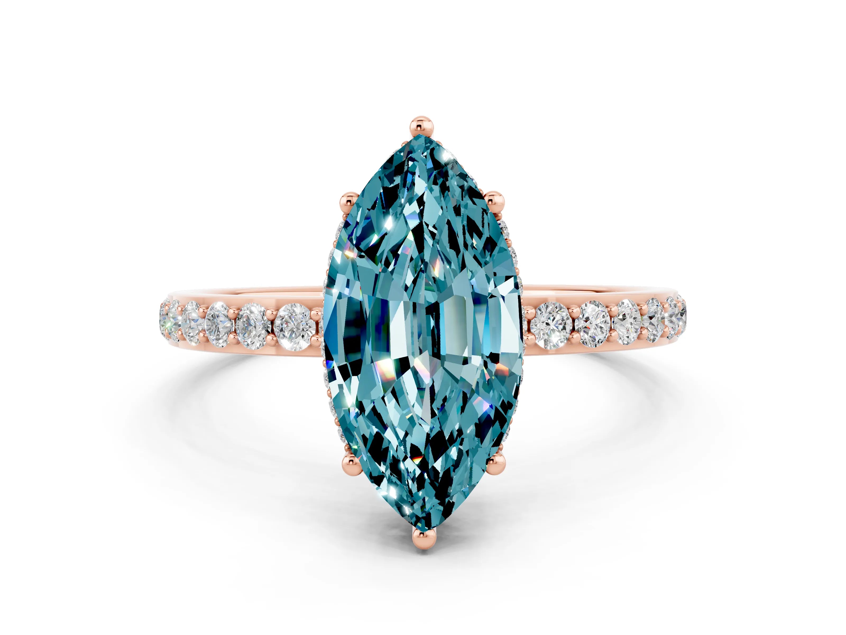 Rose gold Marquise Cut Blue Topaz Solitaire Ring with Pavé Band and Hidden Halo_12