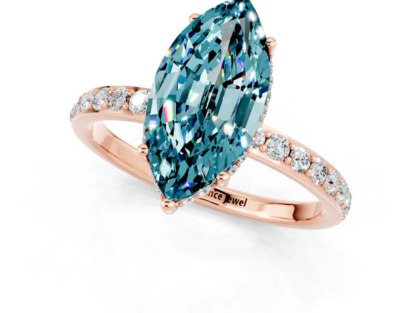 Rose gold Marquise Cut Blue Topaz Solitaire Ring with Pavé Band and Hidden Halo