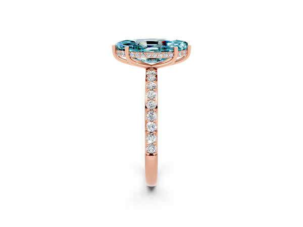 Rose gold Marquise Cut Blue Topaz Solitaire Ring with Pavé Band and Hidden Halo