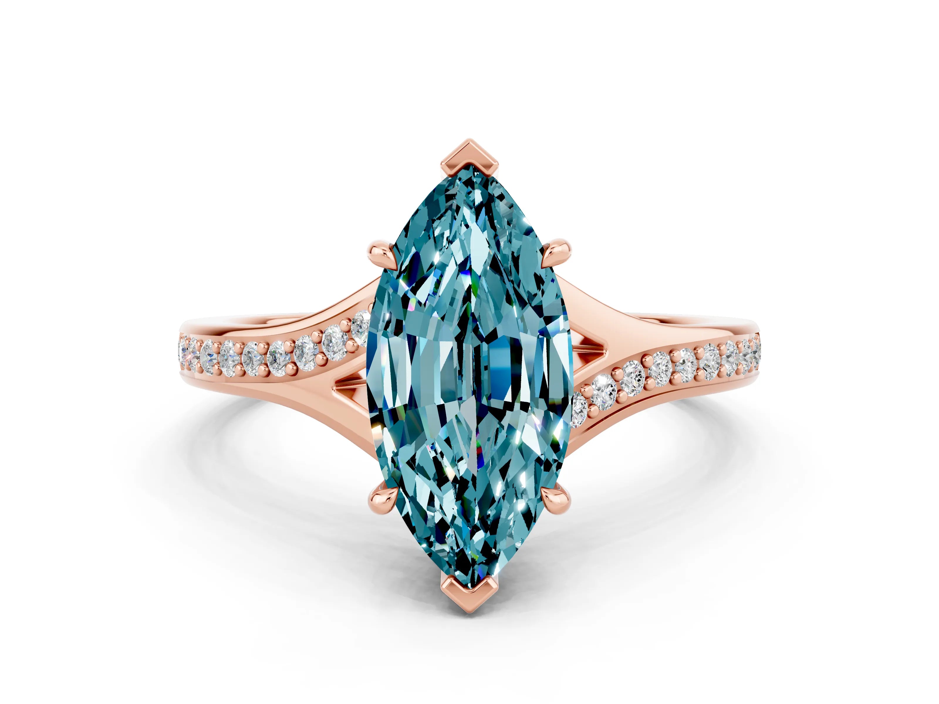 Rose gold Marquise Cut Blue Topaz Solitaire Ring with Pavé Band and Prong Setting