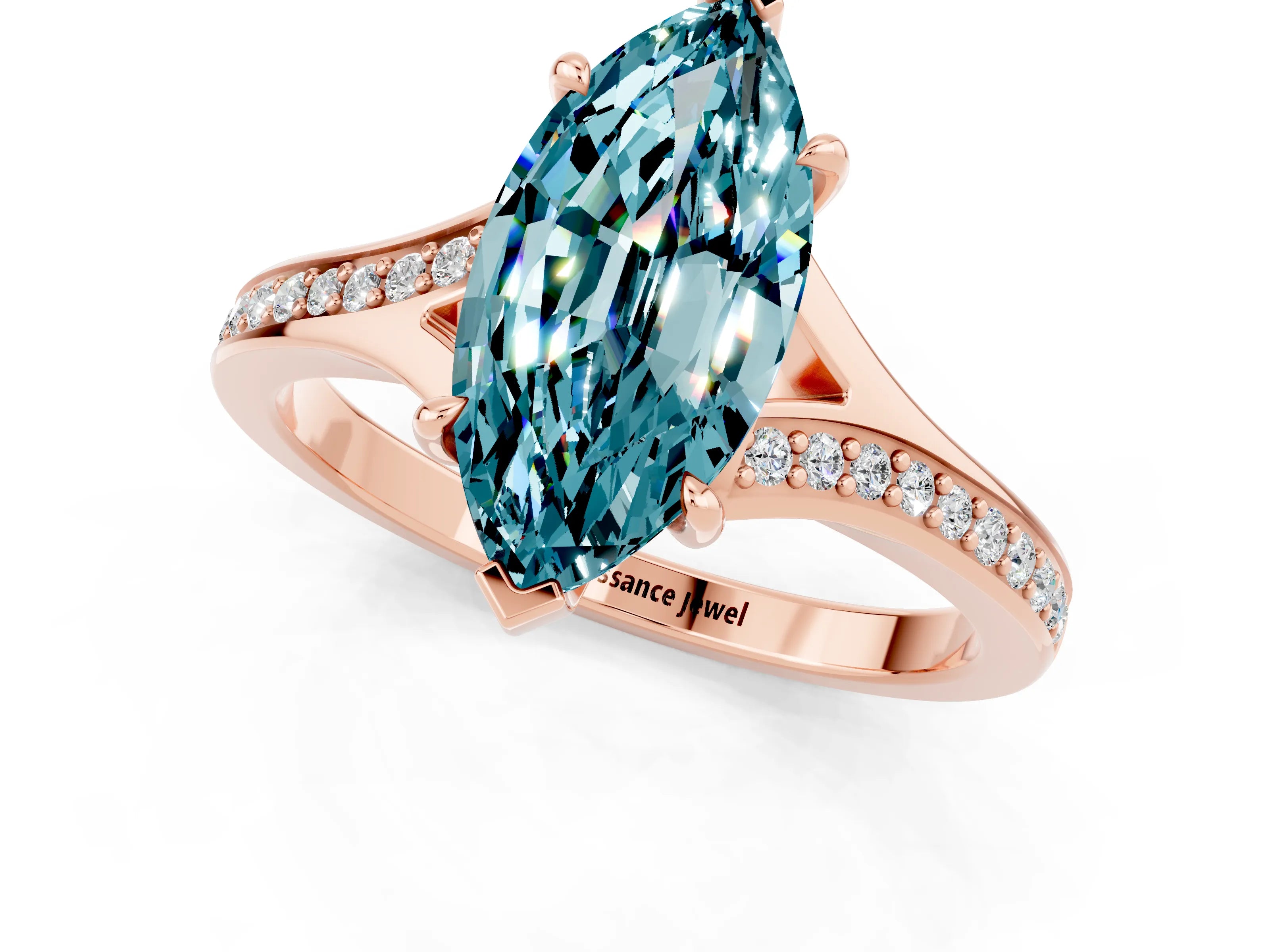 Rose gold Marquise Cut Blue Topaz Solitaire Ring with Pavé Band and Prong Setting_13