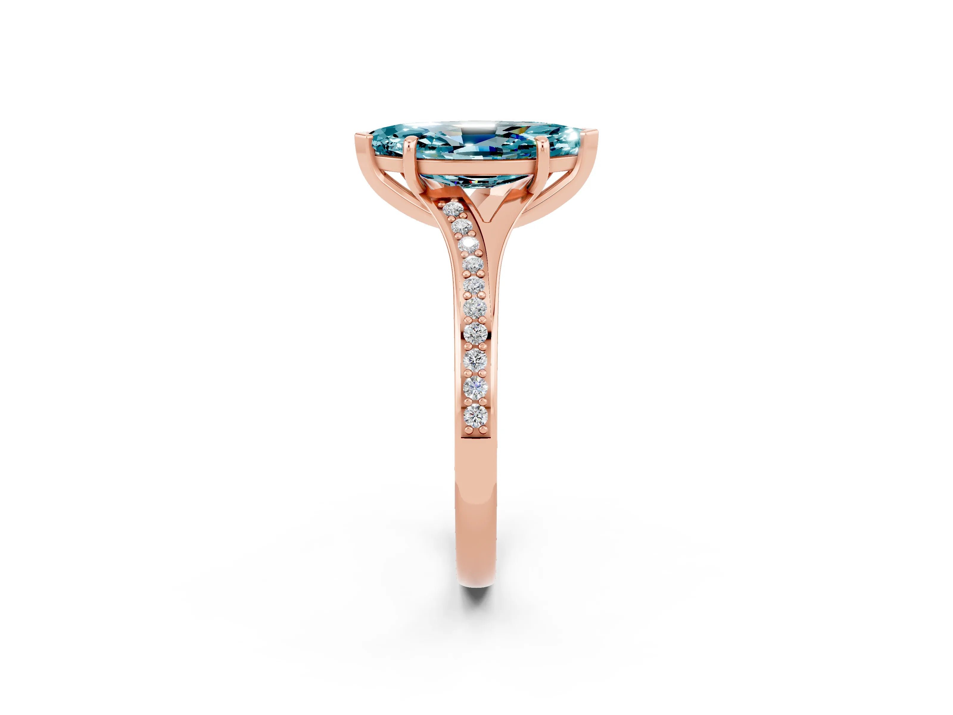 Rose gold Marquise Cut Blue Topaz Solitaire Ring with Pavé Band and Prong Setting_14