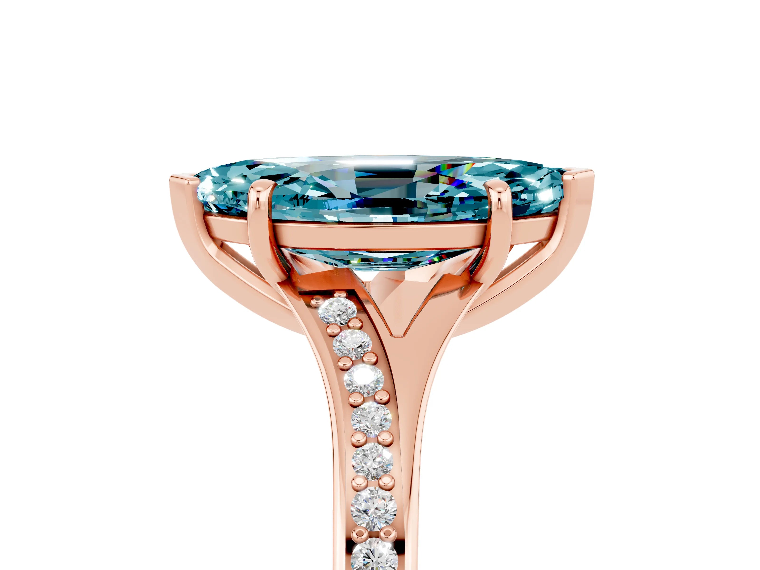 Rose gold Marquise Cut Blue Topaz Solitaire Ring with Pavé Band and Prong Setting_17