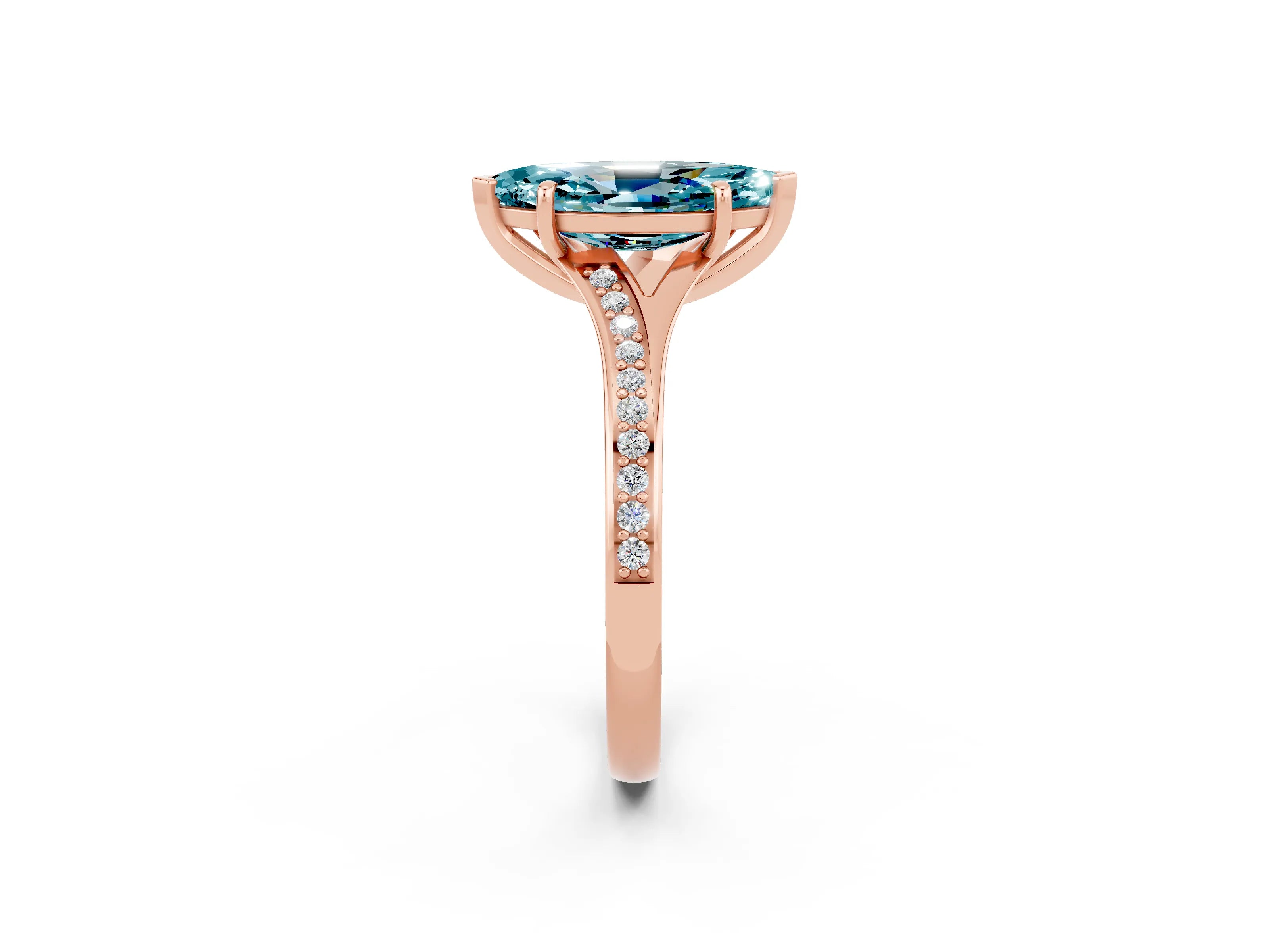 Rose gold Marquise Cut Blue Topaz Solitaire Ring with Pavé Band and Prong Setting_2