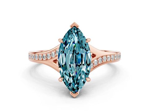 Rose gold Marquise Cut Blue Topaz Solitaire Ring with Pavé Band and Prong Setting