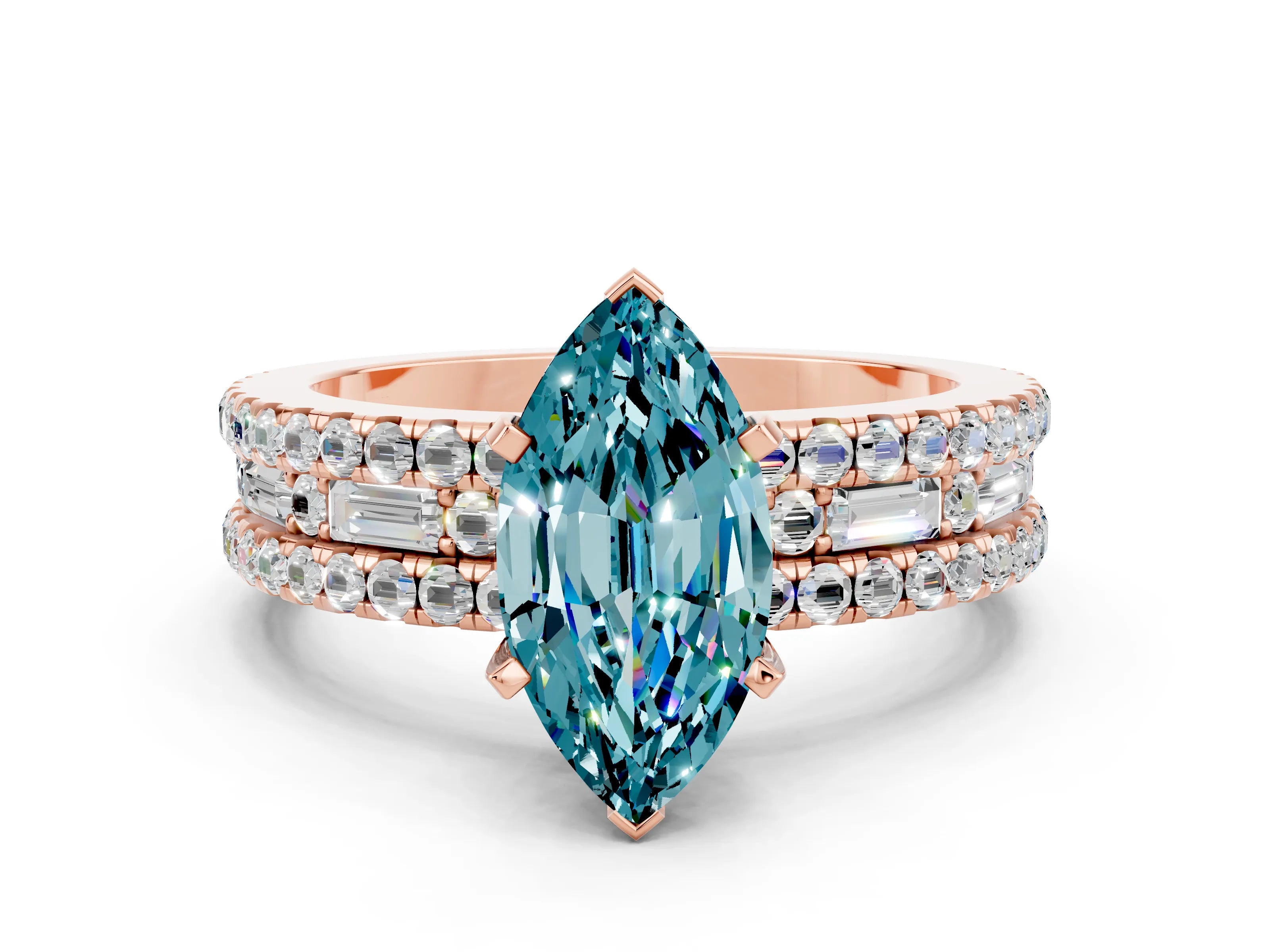Rose gold Marquise Cut Blue Topaz Solitaire Ring with Pavé and Channel Set Band
