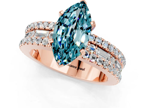 Rose gold Marquise Cut Blue Topaz Solitaire Ring with Pavé and Channel Set Band_1