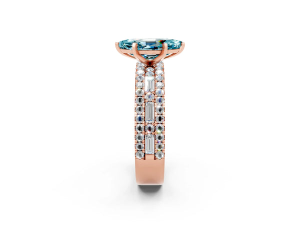 Rose gold Marquise Cut Blue Topaz Solitaire Ring with Pavé and Channel Set Band