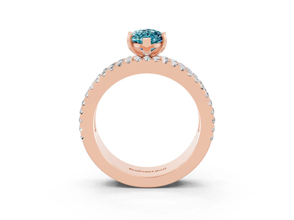 Rose gold Marquise Cut Blue Topaz Solitaire Ring with Pavé and Channel Set Band