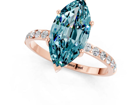 Rose gold Marquise Cut Blue Topaz Solitaire Ring with Pave Band and Four Prong Setting_25