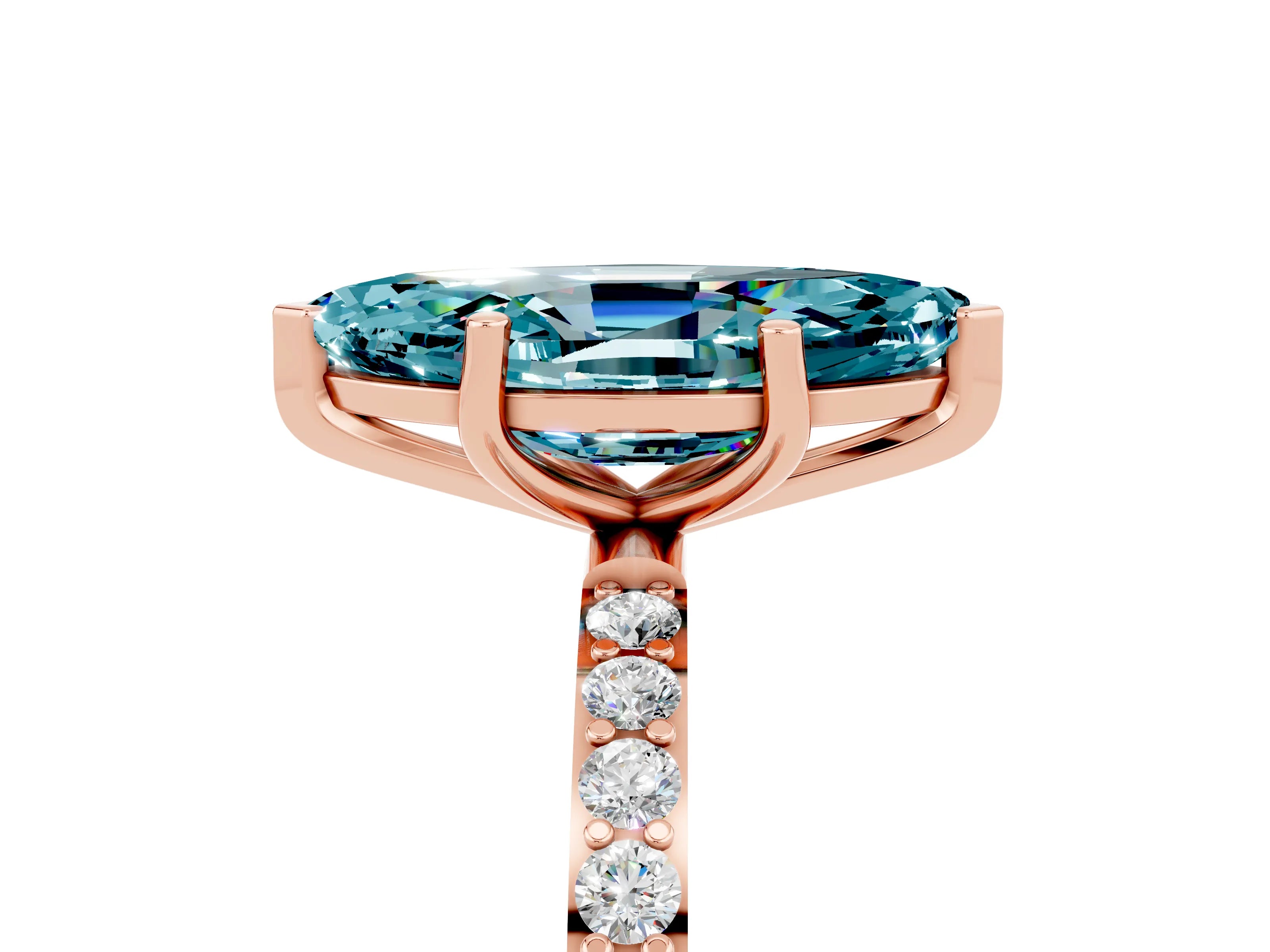 Rose gold Marquise Cut Blue Topaz Solitaire Ring with Pave Band and Four Prong Setting_29