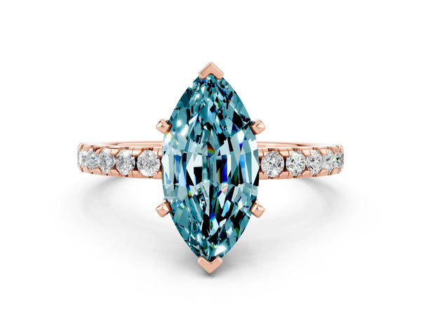 Rose gold Marquise Cut Blue Topaz Solitaire Ring with Round Pavé Band and Four-Prong Setting