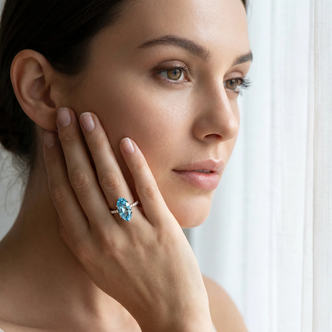 Rose gold Marquise Cut Blue Topaz Solitaire Ring with Round  Pavé Band and Four-Prong Setting_55