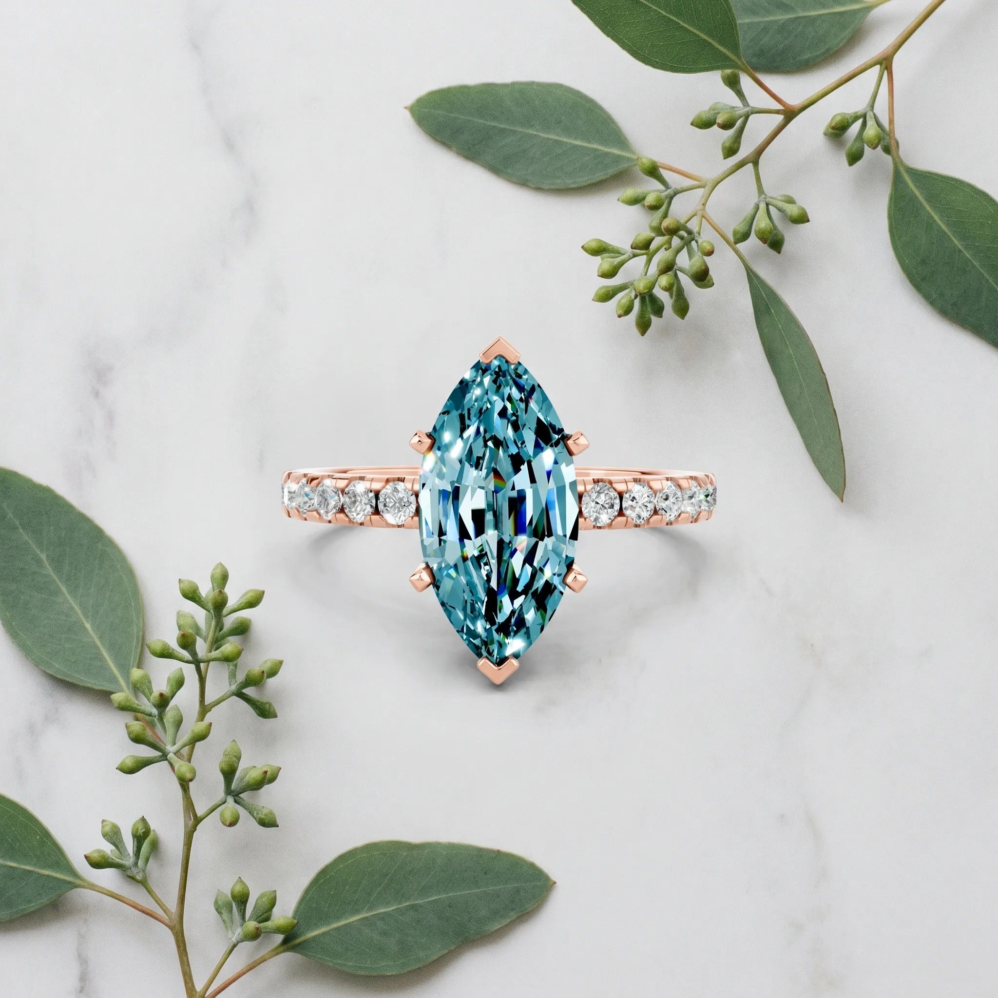 Rose gold Marquise Cut Blue Topaz Solitaire Ring with Round  Pavé Band and Four-Prong Setting_57