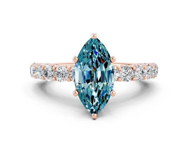 Rose gold Marquise Cut Blue Topaz Solitaire Ring with Shared Prong Pavé Band and Four-Prong Setting