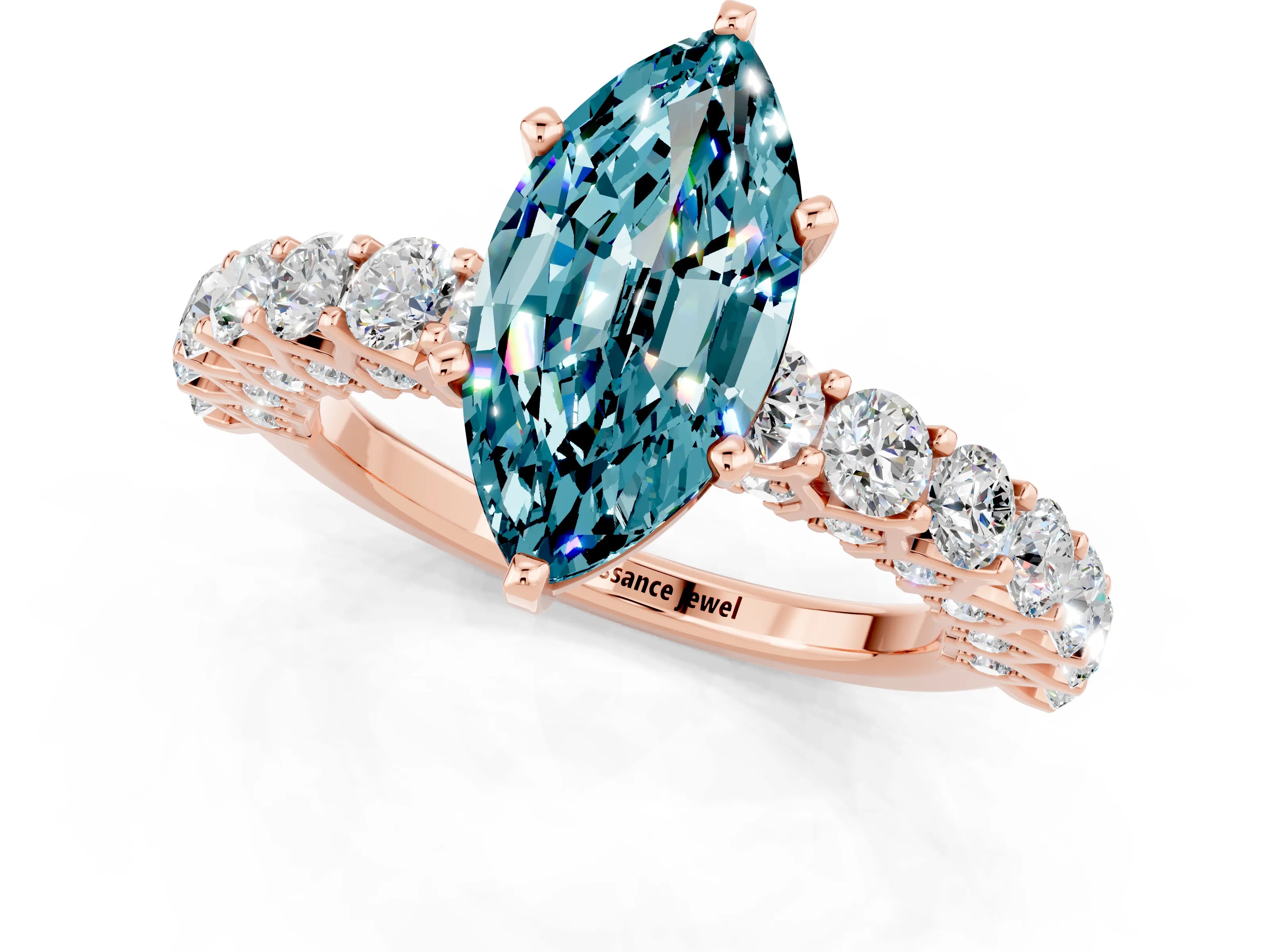 Rose gold Marquise Cut Blue Topaz Solitaire Ring with Shared Prong Pavé Band and Four-Prong Setting_1