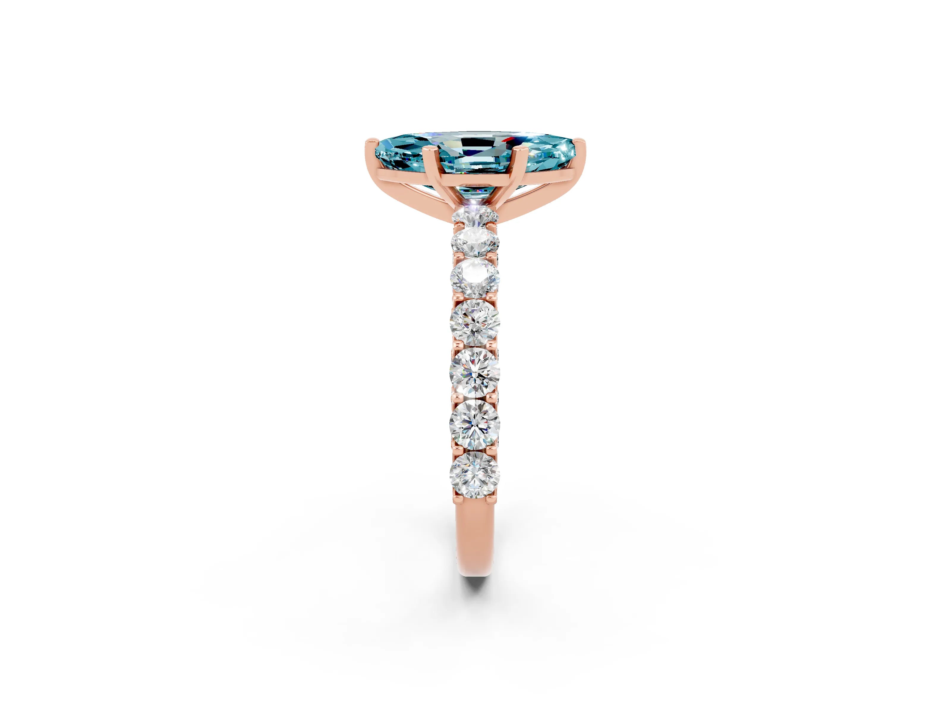 Rose gold Marquise Cut Blue Topaz Solitaire Ring with Shared Prong Pavé Band and Four-Prong Setting_2