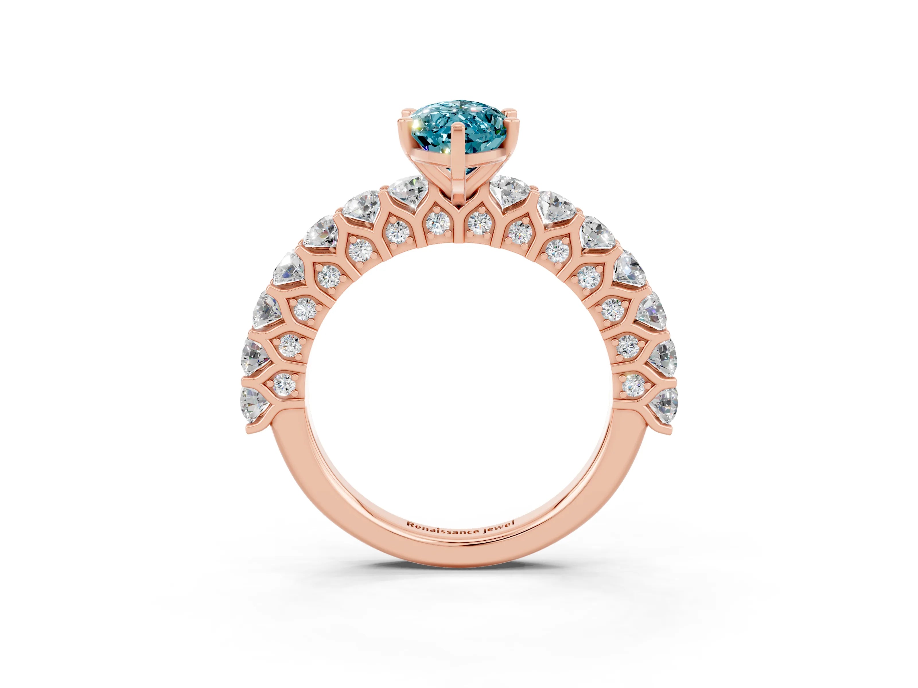 Rose gold Marquise Cut Blue Topaz Solitaire Ring with Shared Prong Pavé Band and Four-Prong Setting_3