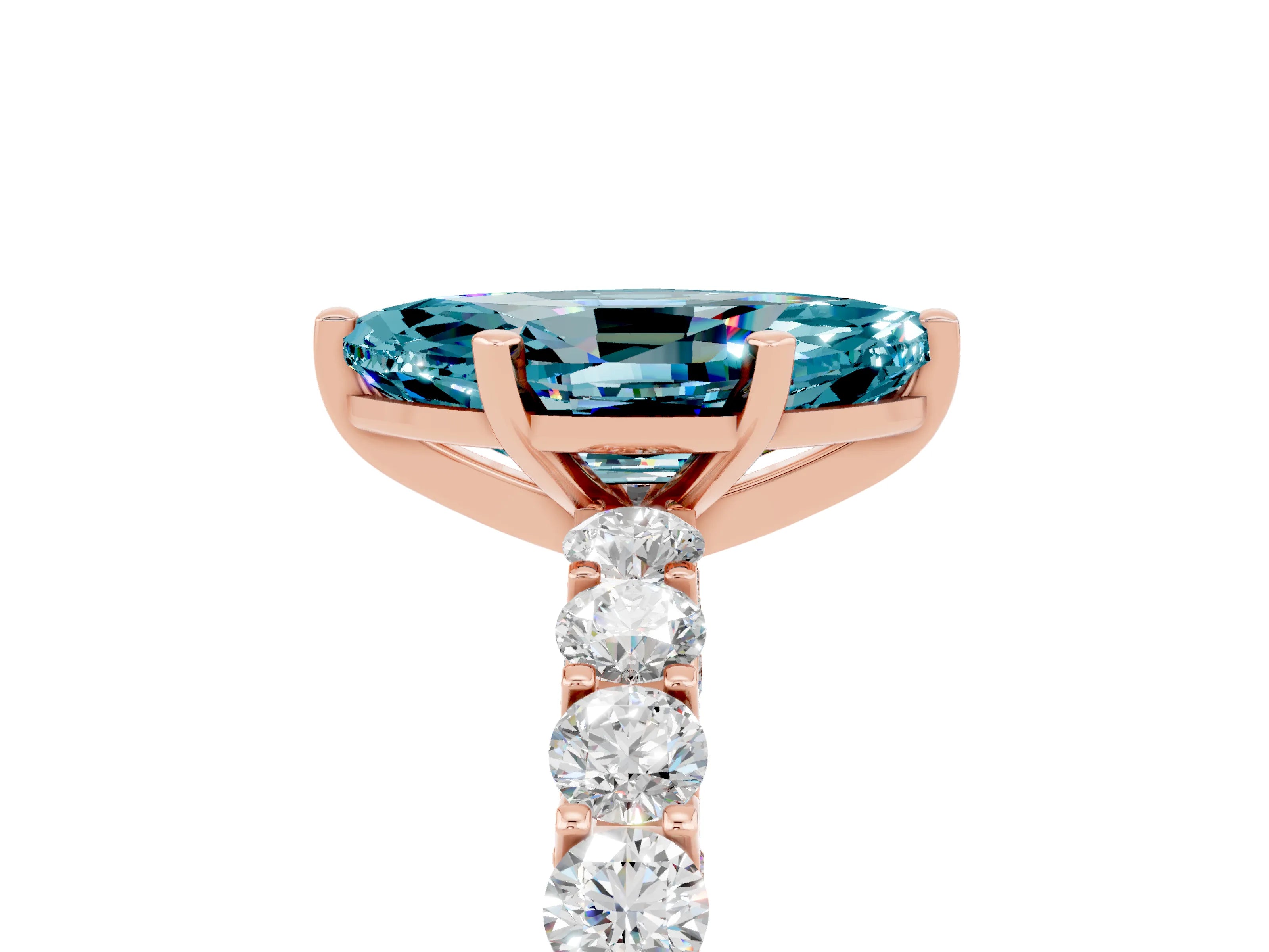 Rose gold Marquise Cut Blue Topaz Solitaire Ring with Shared Prong Pavé Band and Four-Prong Setting_5