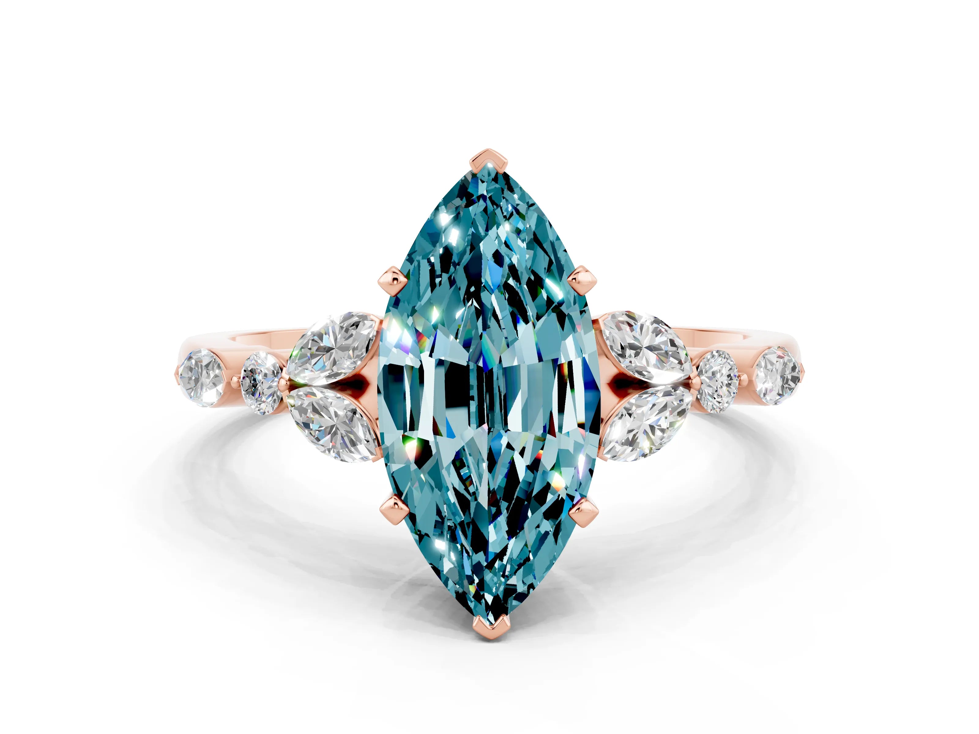 Rose gold Marquise Cut Blue Topaz Solitaire Ring with Side Stones and Four-Prong Setting_12