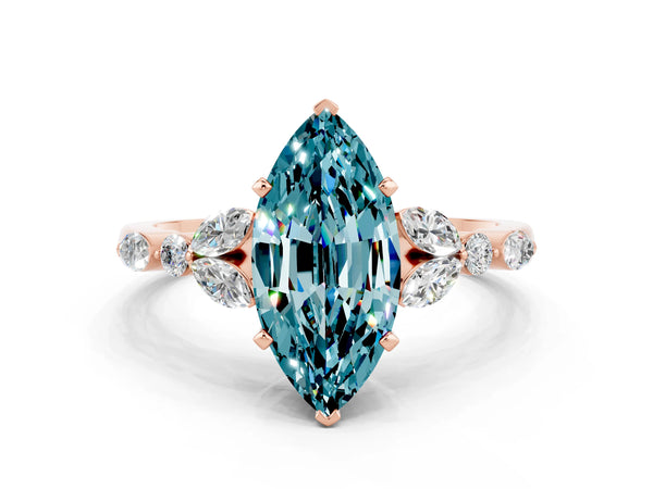 Rose gold Marquise Cut Blue Topaz Solitaire Ring with Side Stones and Four-Prong Setting
