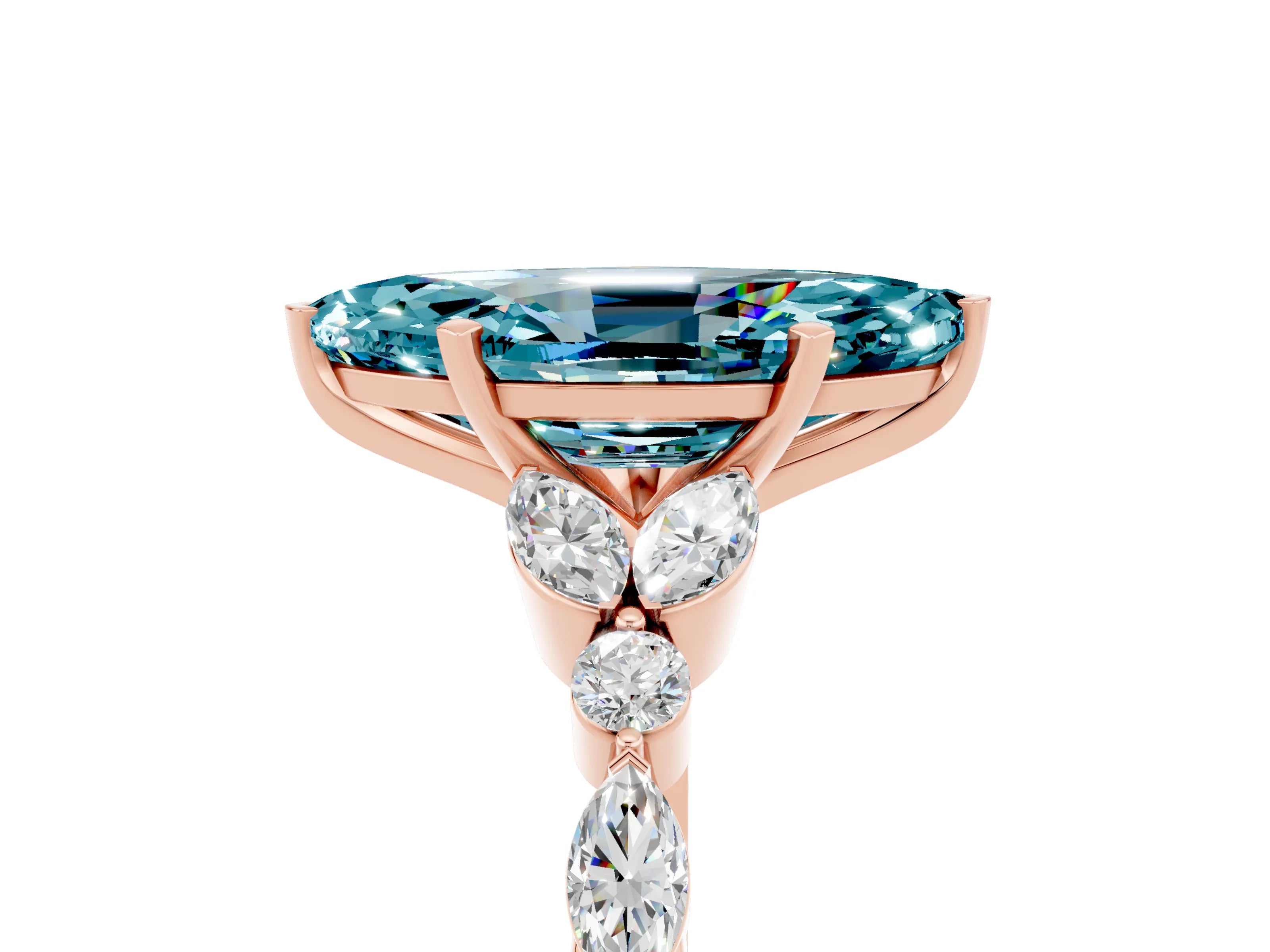 Rose gold Marquise Cut Blue Topaz Solitaire Ring with Side Stones and Four-Prong Setting_17