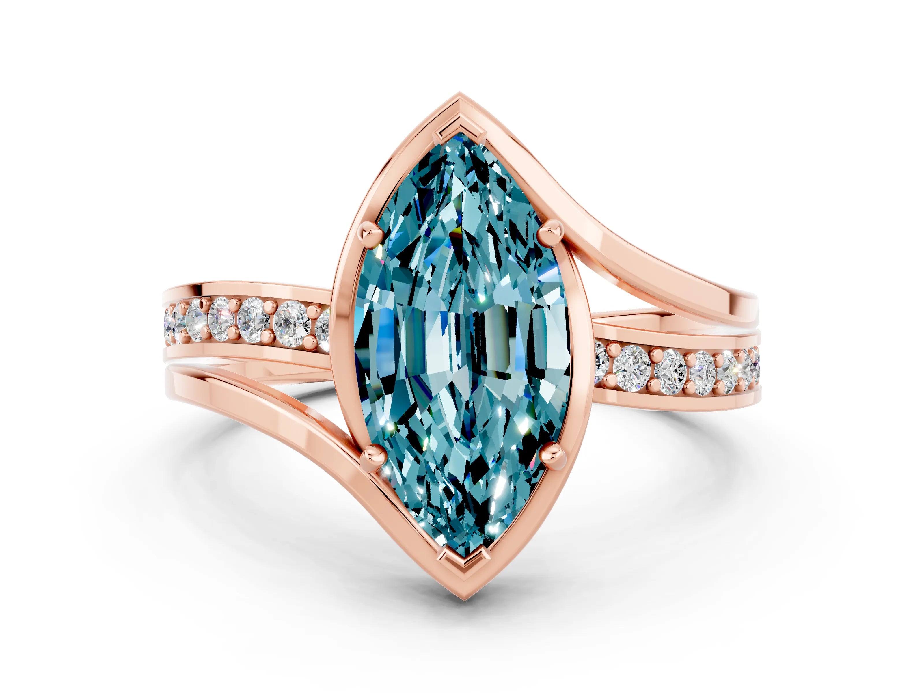 Rose gold Marquise Cut Blue Topaz Solitaire Ring with Split Shank and Prong Setting