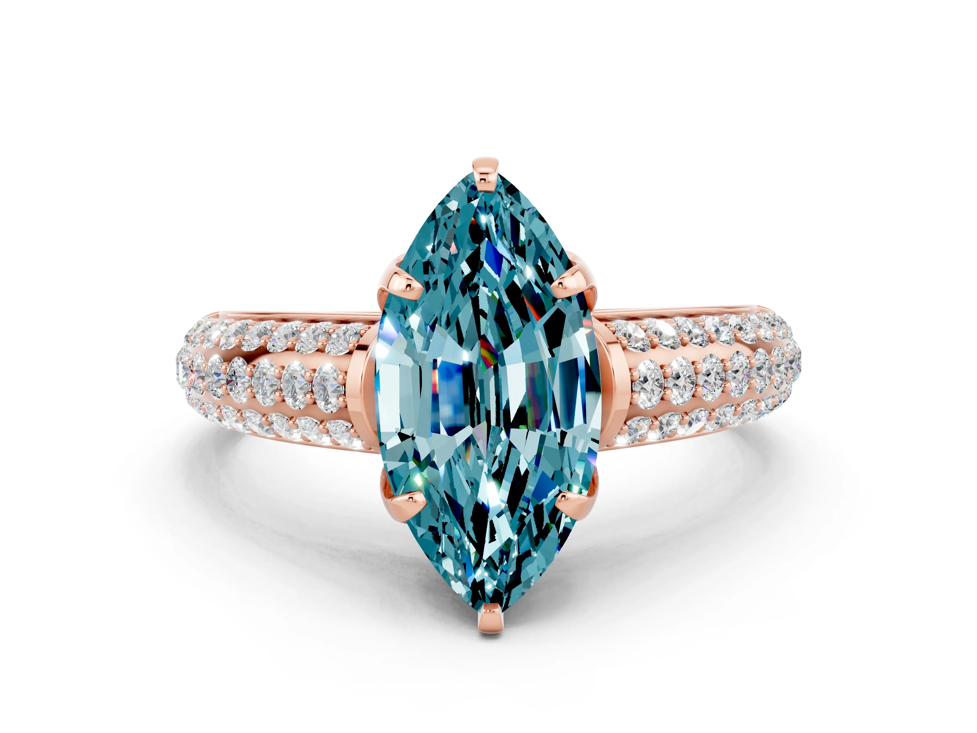 Rose gold Marquise Cut Blue Topaz Solitaire Ring with Three-Row Pavé Band and Four-Prong Setting_12