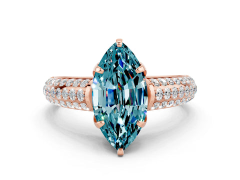 Rose gold Marquise Cut Blue Topaz Solitaire Ring with Three-Row Pavé Band and Four-Prong Setting_12