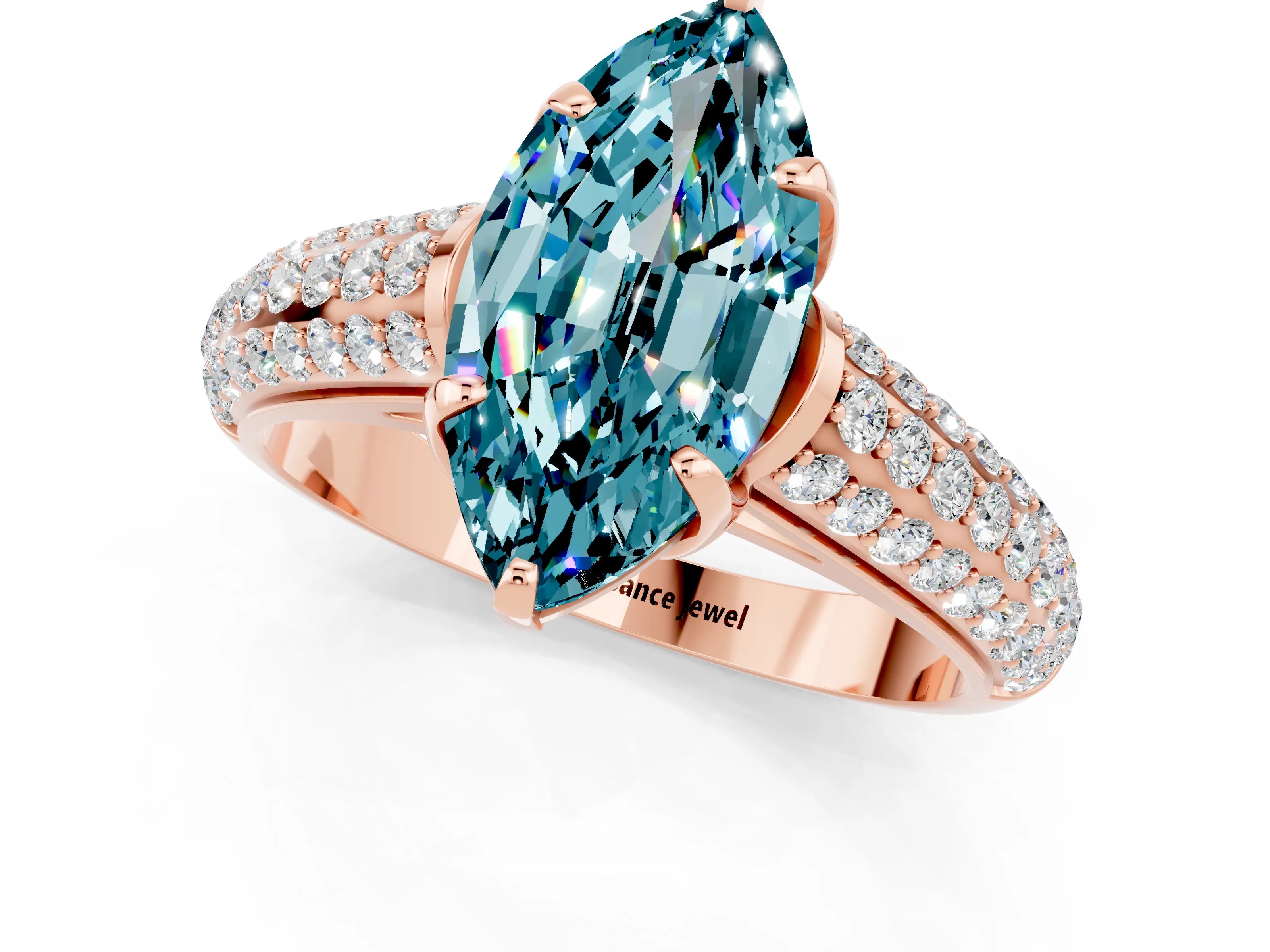 Rose gold Marquise Cut Blue Topaz Solitaire Ring with Three-Row Pavé Band and Four-Prong Setting_13