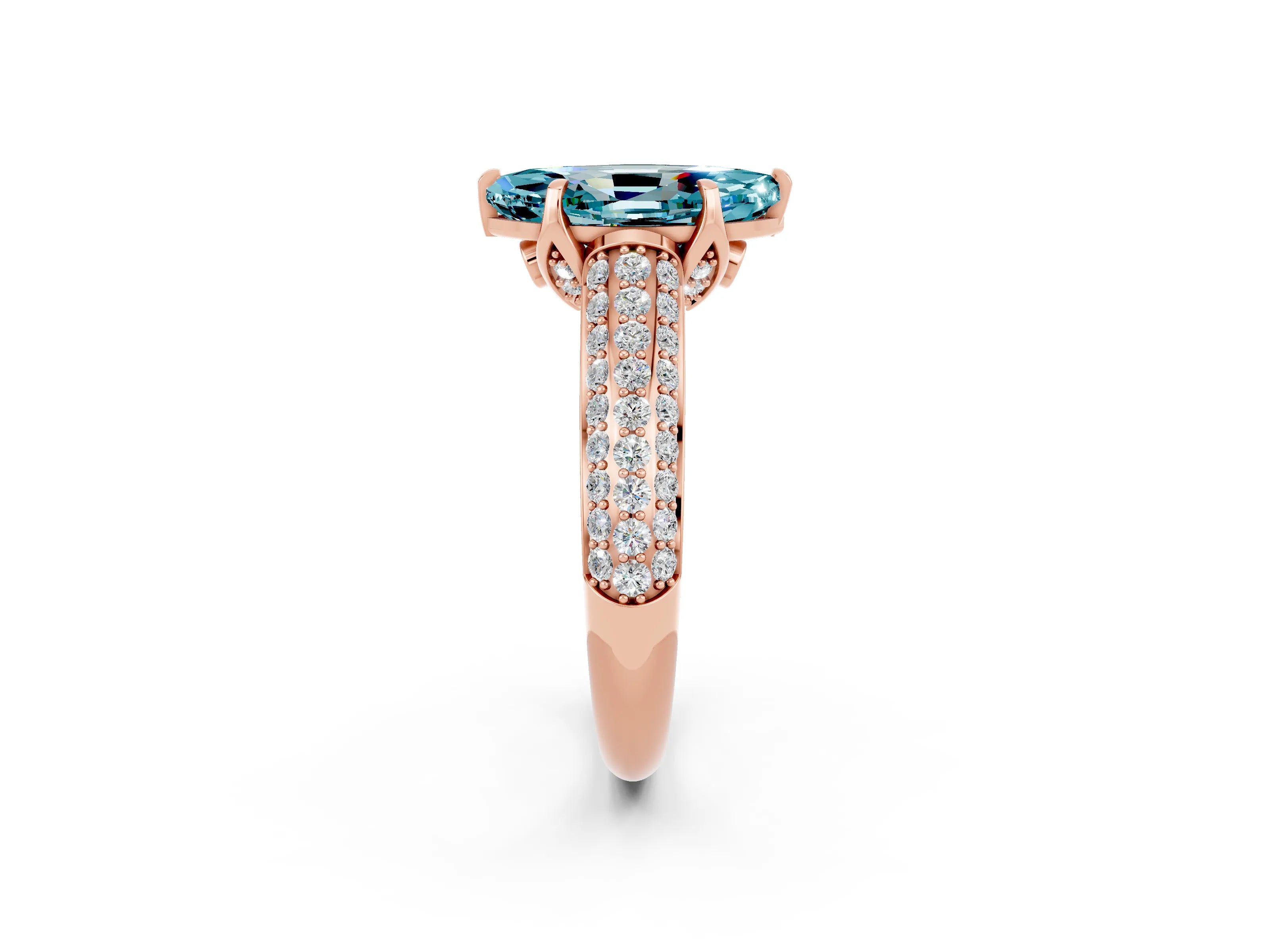 Rose gold Marquise Cut Blue Topaz Solitaire Ring with Three-Row Pavé Band and Four-Prong Setting_14