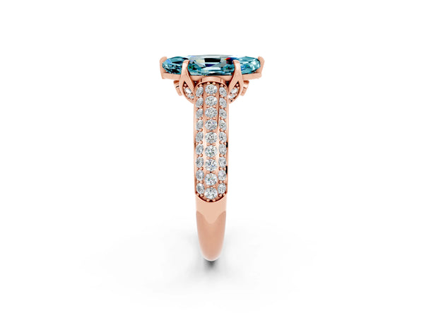 Rose gold Marquise Cut Blue Topaz Solitaire Ring with Three-Row Pavé Band and Four-Prong Setting