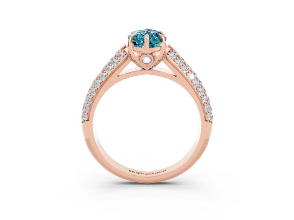 Rose gold Marquise Cut Blue Topaz Solitaire Ring with Three-Row Pavé Band and Four-Prong Setting